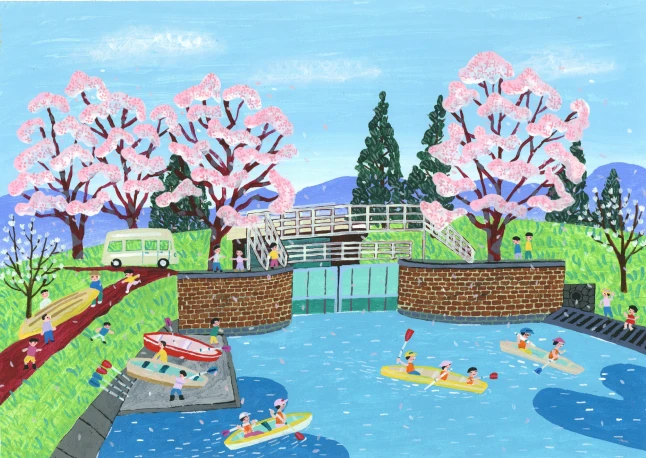 絵画石井閘門の春